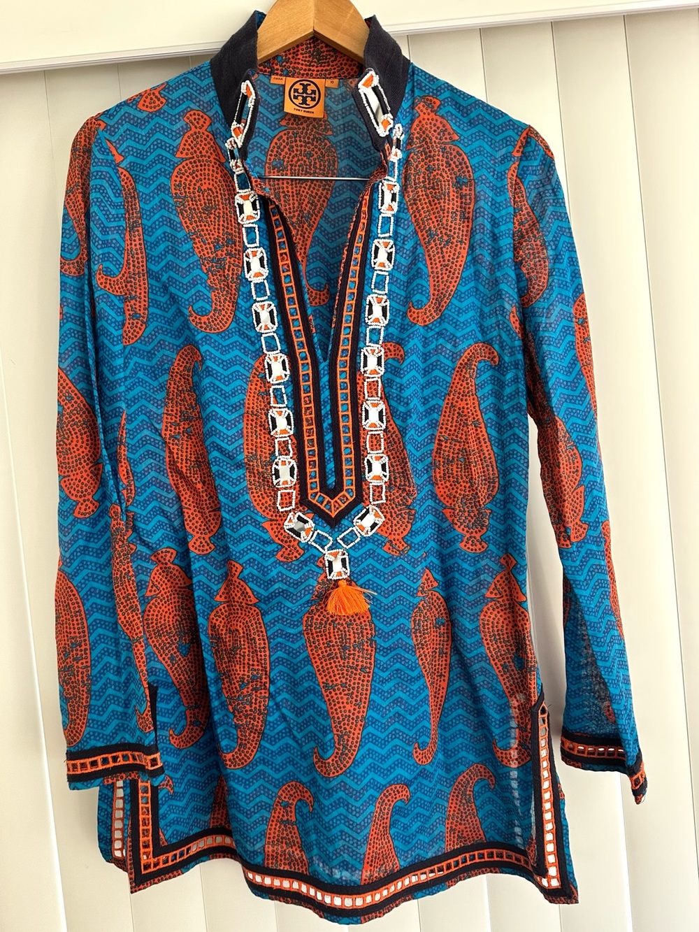 Tory Burch Paisley Embroidered Tunic in Blue & Orange Size 10 Like New